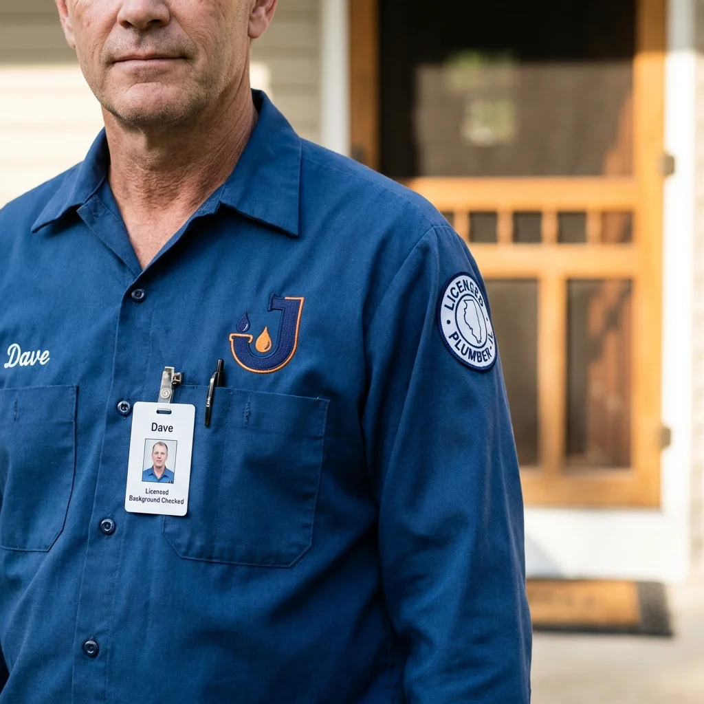 Licensed plumber showing ID badge in De Queen, AR