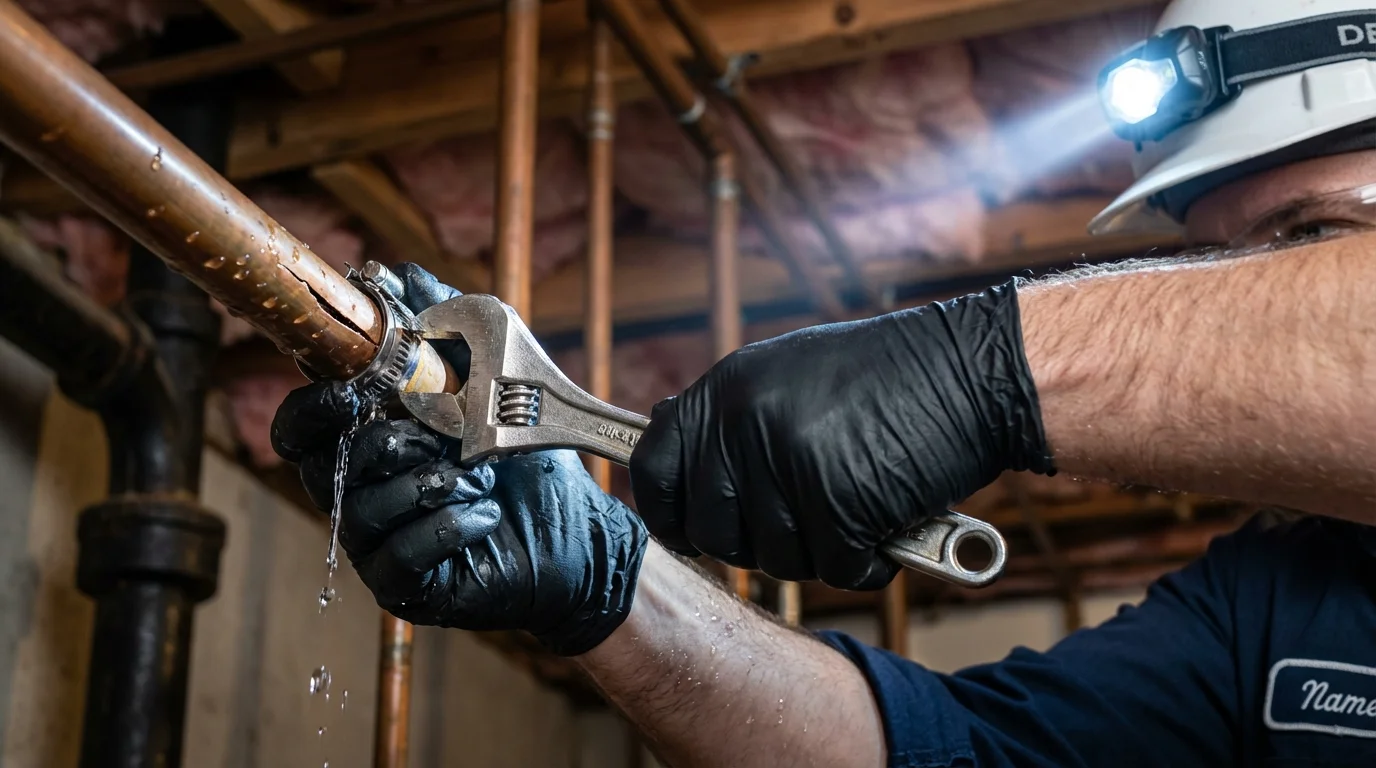 Emergency pipe clamp repair being performed by a Johns Plumbing LLC plumber in De Queen