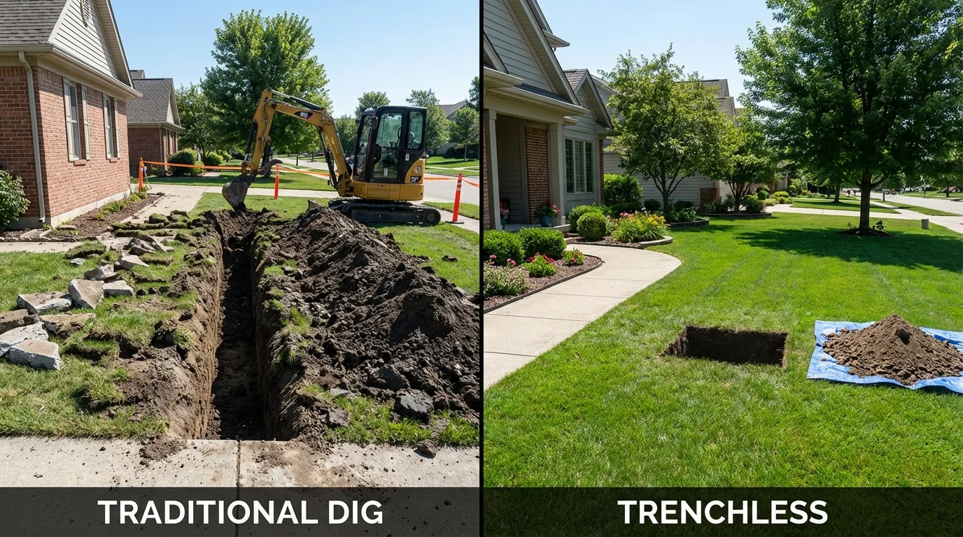 Trenchless sewer repair with minimal yard damage versus traditional excavation in De Queen, AR