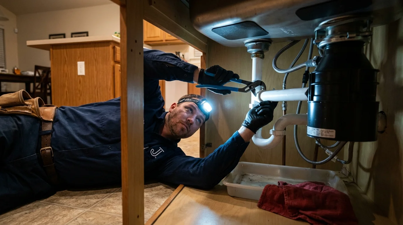 P-trap and supply line connections under a kitchen sink showing a common leak point in De Queen, AR